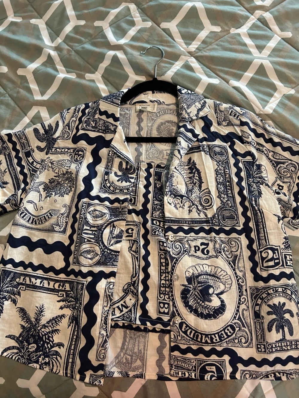 2 piece set-Navy and Cream Printed Camp Shirt and tank